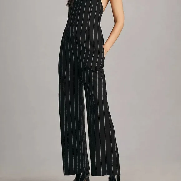 Anthropologie Little Lies Pinstripe Halter Neck Jumpsuit Black White Str… - Picture 3 of 9